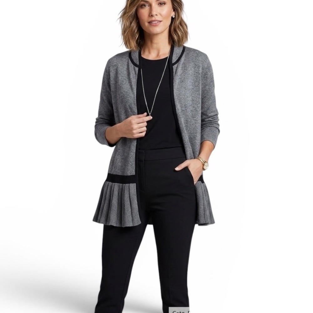 Cato Woman Gray Black Trim Pleated Peplum Open Front Cardigan Sweater 18/20W‎